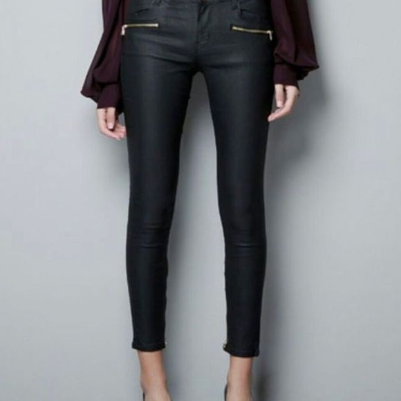 Zara Black Vegan Leather Moto Jeans - Picture 2 of 11